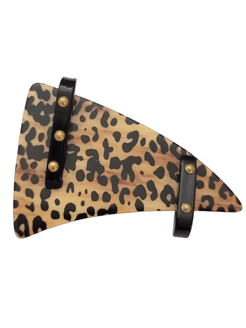 Vintage Plastic Triangle Modernist Animal Cat Print Brass Button Brooch Pin E513